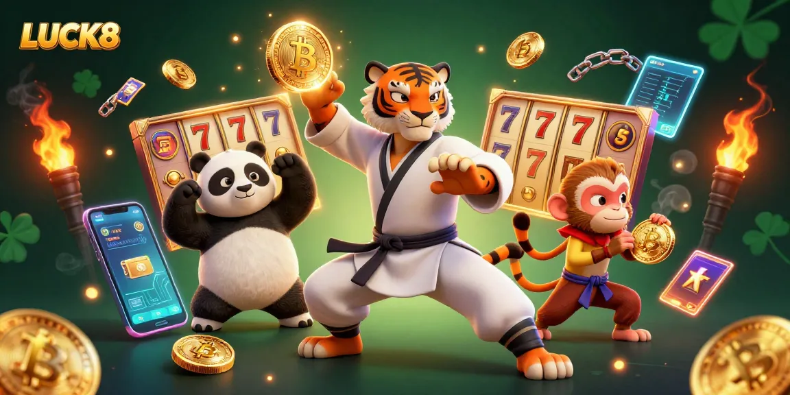 LUCK8 offers thrilling slots with a kung fu tiger master, panda disciple, and playful monkey demonstrating casino excitement.