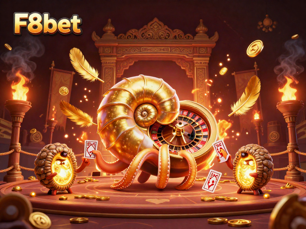 Experience the thrill of gaming with F8bet as a giant nautilus roulette wheel spins amid glowing ammonite companions.