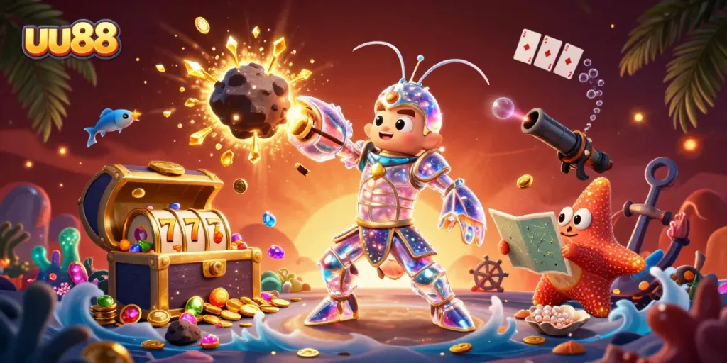 Win big with uu88 in this vibrant 3D casino-themed illustration featuring underwater elements.