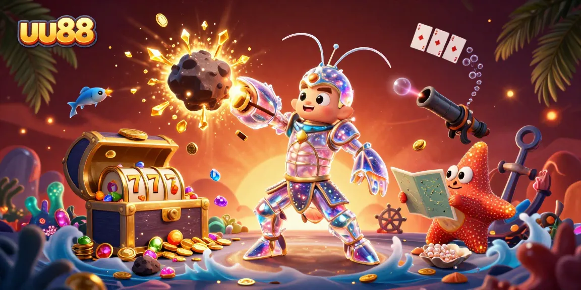 Win big with uu88 in this vibrant 3D casino-themed illustration featuring underwater elements.