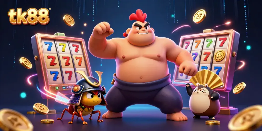 Engaging illustration of tk88 showcasing a sumo wrestler rooster, samurai cricket, and tanuki announcer in a lively casino scene.