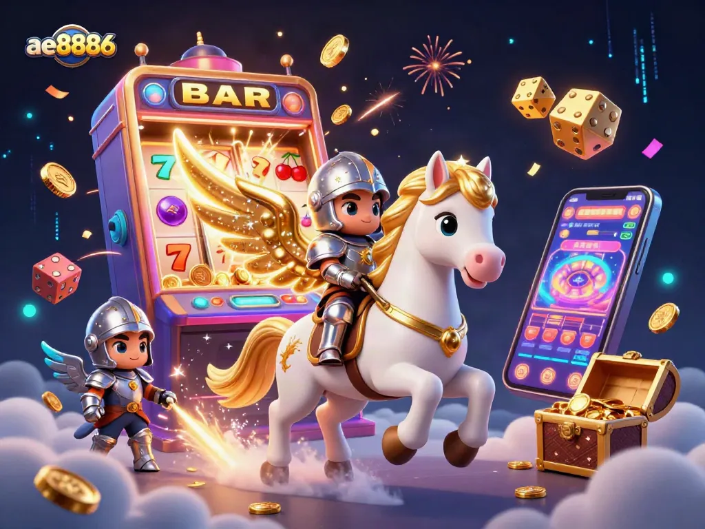 Experience ae8886's thrilling jackpot adventure with the magical horse and armored knight amidst casino treasures.