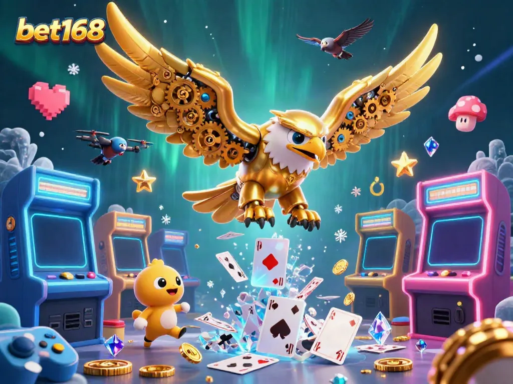 Experience the excitement of bet168 with a vibrant 3D casino scene featuring a golden eagle and arcade elements.