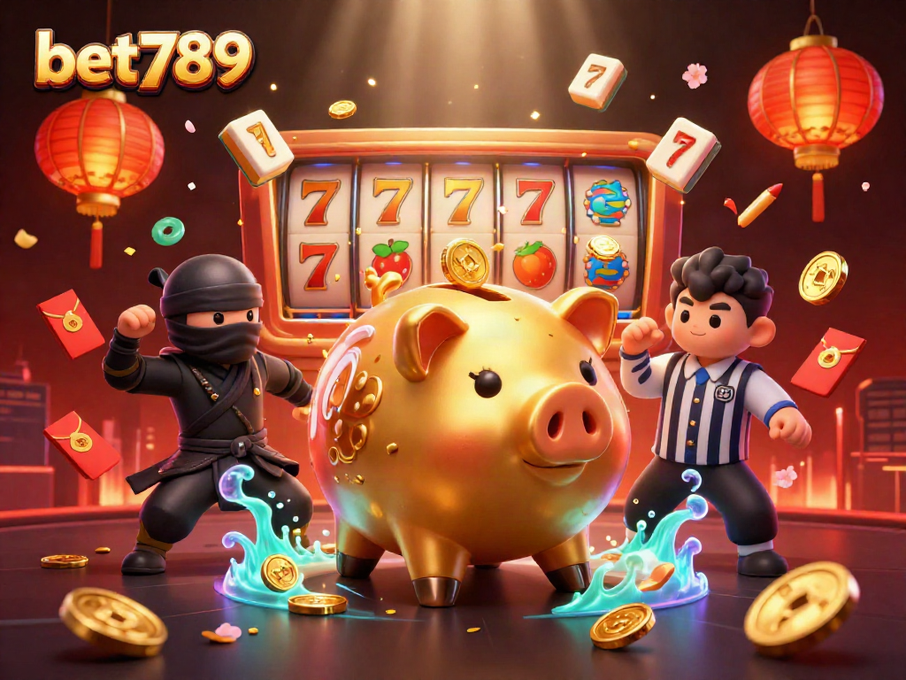 Engage in thrilling gameplay with bet789 featuring a golden piggy bank sumo wrestler and vibrant casino elements.