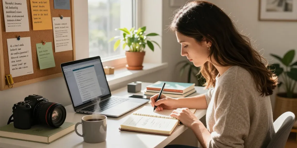 Junge Frau mit Erfolgsjournal, motivierendem Arbeitsumfeld und warmem Licht.