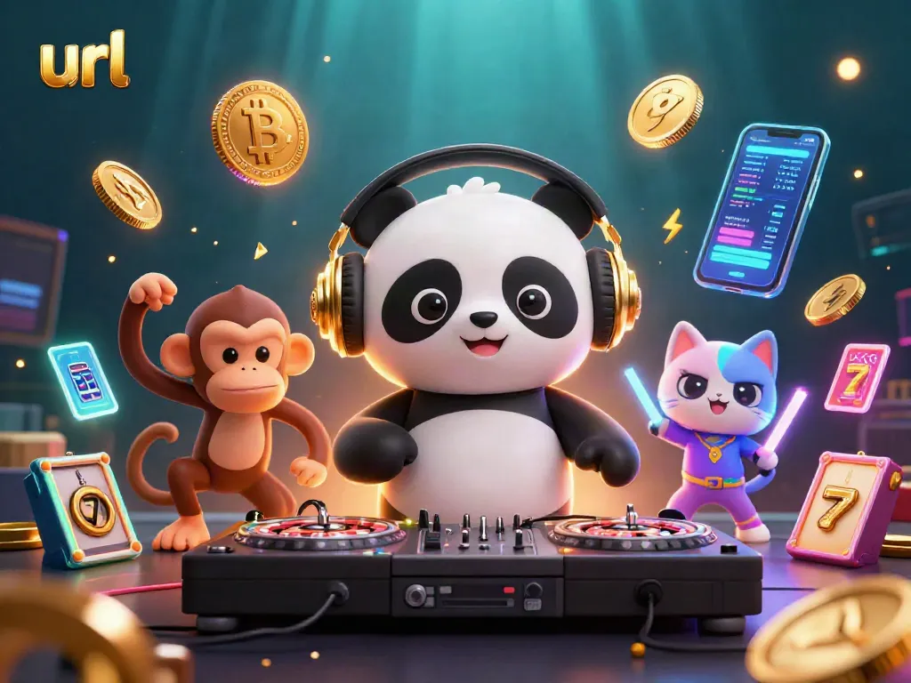 Engaging scene with DJ panda spinning URL-themed roulette wheels at a lively crypto casino party