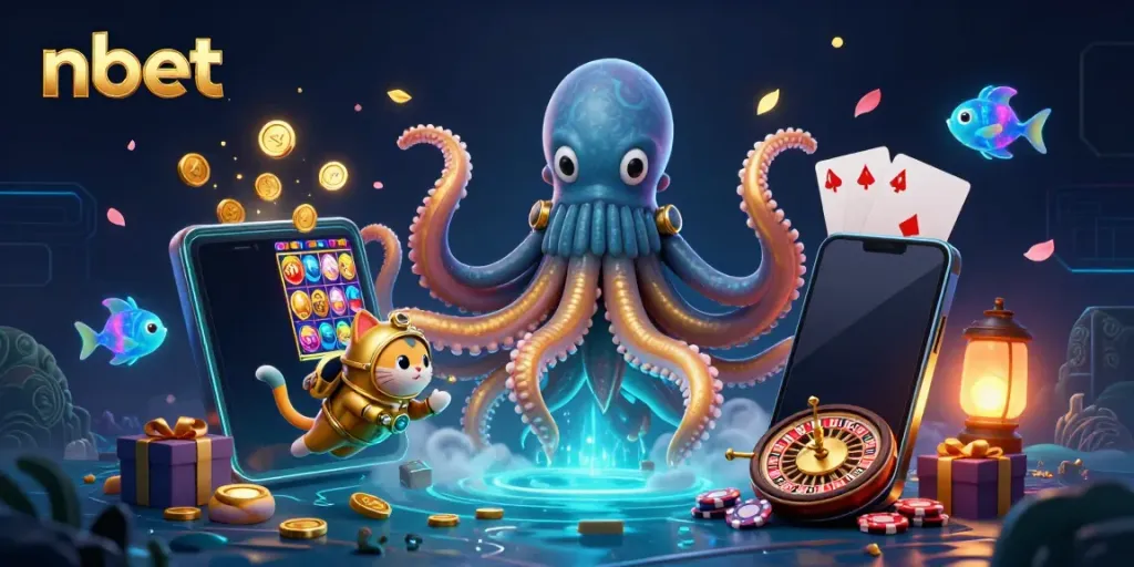 Engage with nbet gaming fun featuring a vibrant kraken and diving cat in 3D illustration.