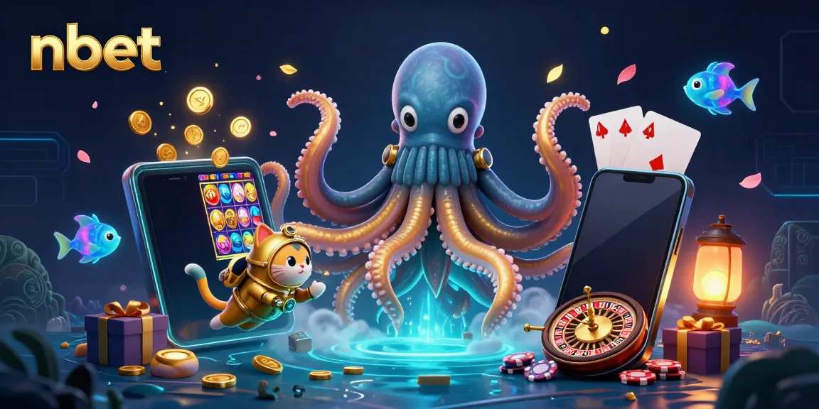 Engage with nbet gaming fun featuring a vibrant kraken and diving cat in 3D illustration.