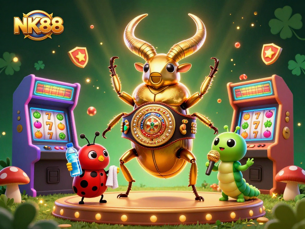 NK88 illustrates a giant stag beetle boxing challenging players amidst vibrant arcade slots and casino elements.
