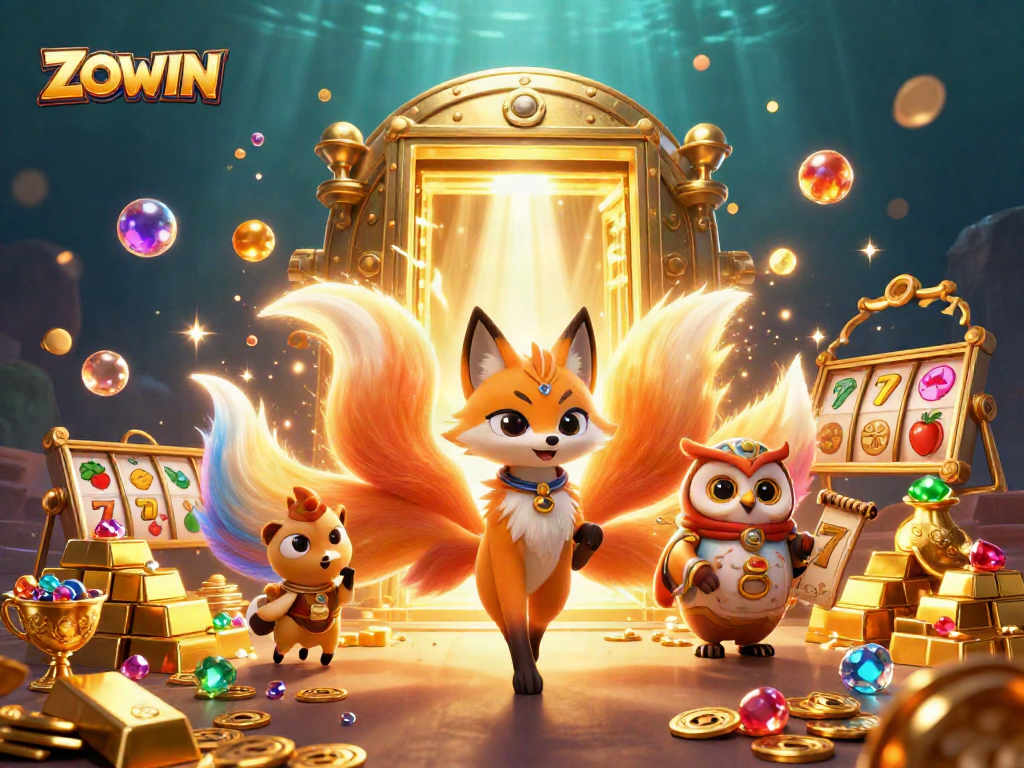ZOWIN online casino illustration featuring a vibrant nine-tailed fox spirit, wise owl sage, and dazzling slot elements.