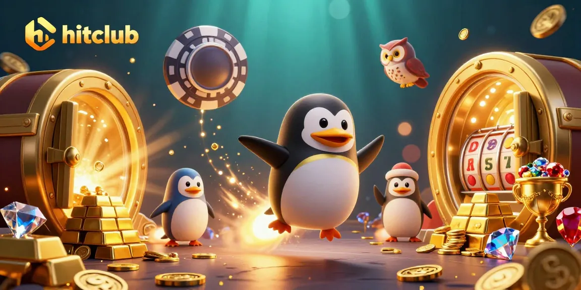 Hitclub showcases a vibrant scene with a golden penguin, treasure vault, and dazzling casino elements.