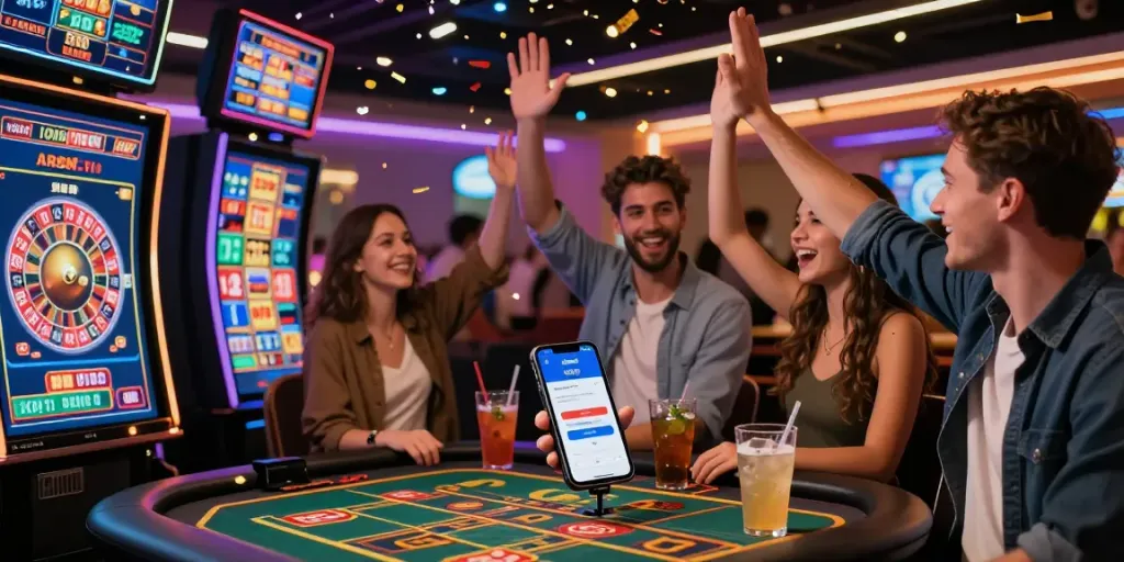 Feiernde Gruppe beim Online-Casino mit itsme für schnelle Anmeldung.