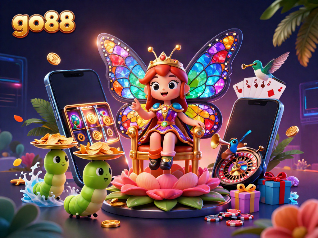 Experience thrilling wins with go88's vibrant gaming scene featuring a butterfly queen and dazzling casino elements.