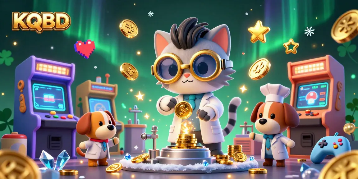 KQBD showcases a lively scene with a mad scientist cat in a lab creating coins amidst colorful gaming machines.