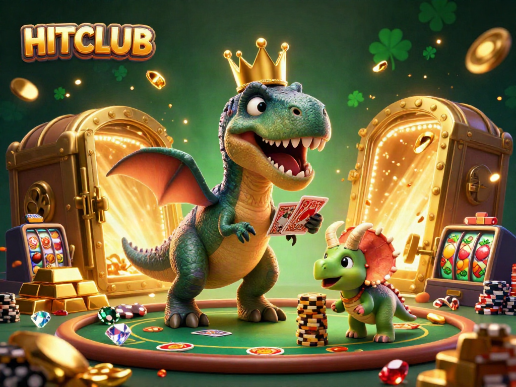 HITCLUB showcases a lively casino scene with a charming T-Rex shuffling cards, capturing the excitement of online gaming.