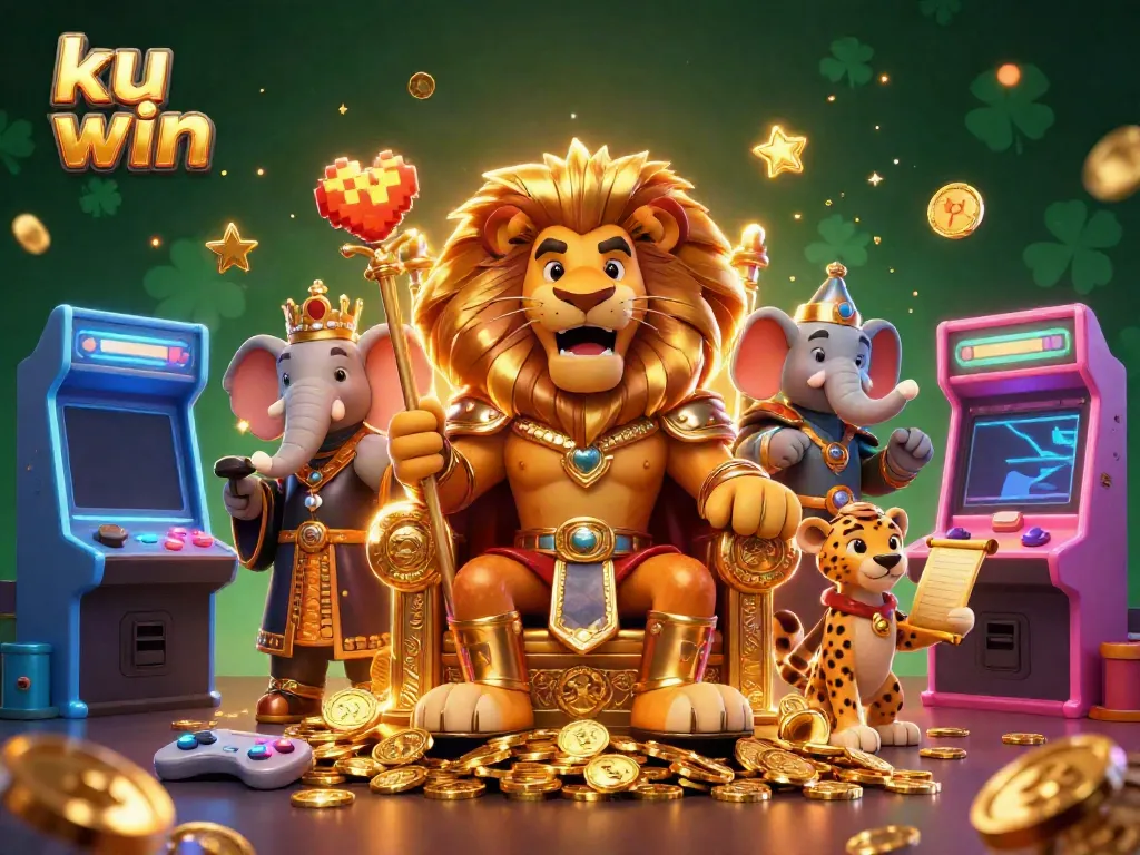 Engage in thrilling games at ku win with a vibrant 3D casino scene featuring a lion king, an elephant advisor, and a cheetah messenger.