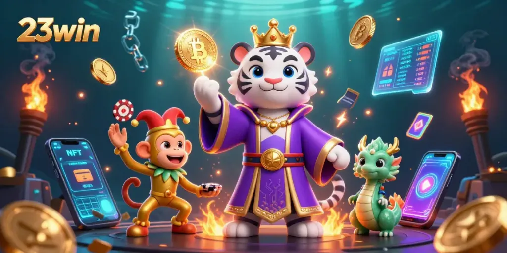 Experience thrilling casino adventures with 23win’s captivating 3D illustration showcasing vibrant characters and gaming elements.