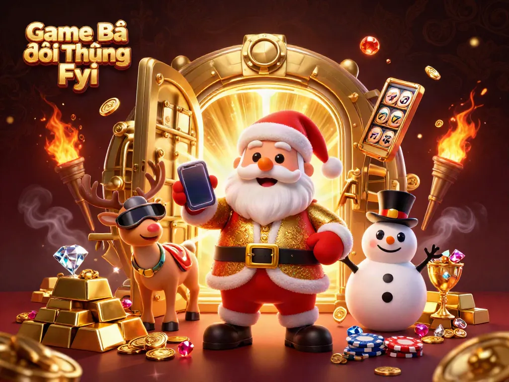 Game Bài Đổi Thưởng Fyi showcases Santa Claus in a lavish casino scene with jackpot slots, reindeer dealer, and poker snowman.