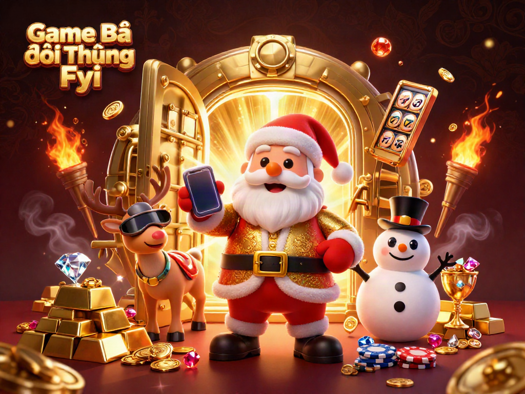Game Bài Đổi Thưởng Fyi showcases Santa Claus in a lavish casino scene with jackpot slots, reindeer dealer, and poker snowman.