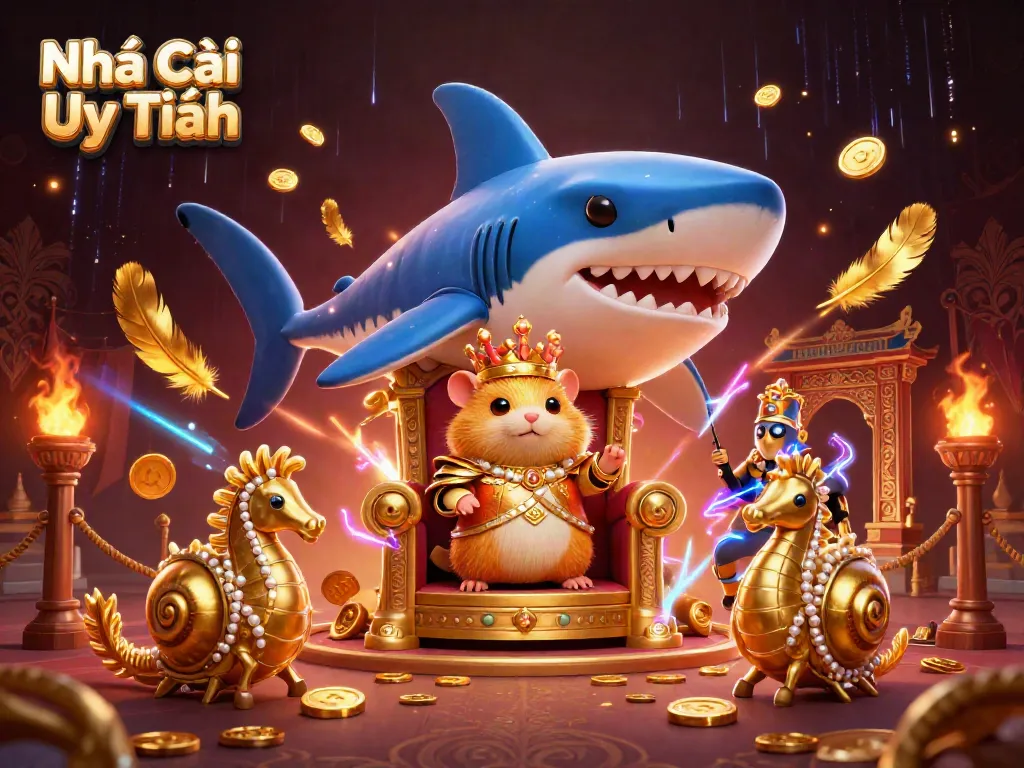 Engaging scene of the fierce golden hamster king on a megalodon tooth throne in a vibrant gambling atmosphere at Nhà Cái Uy Tín.
