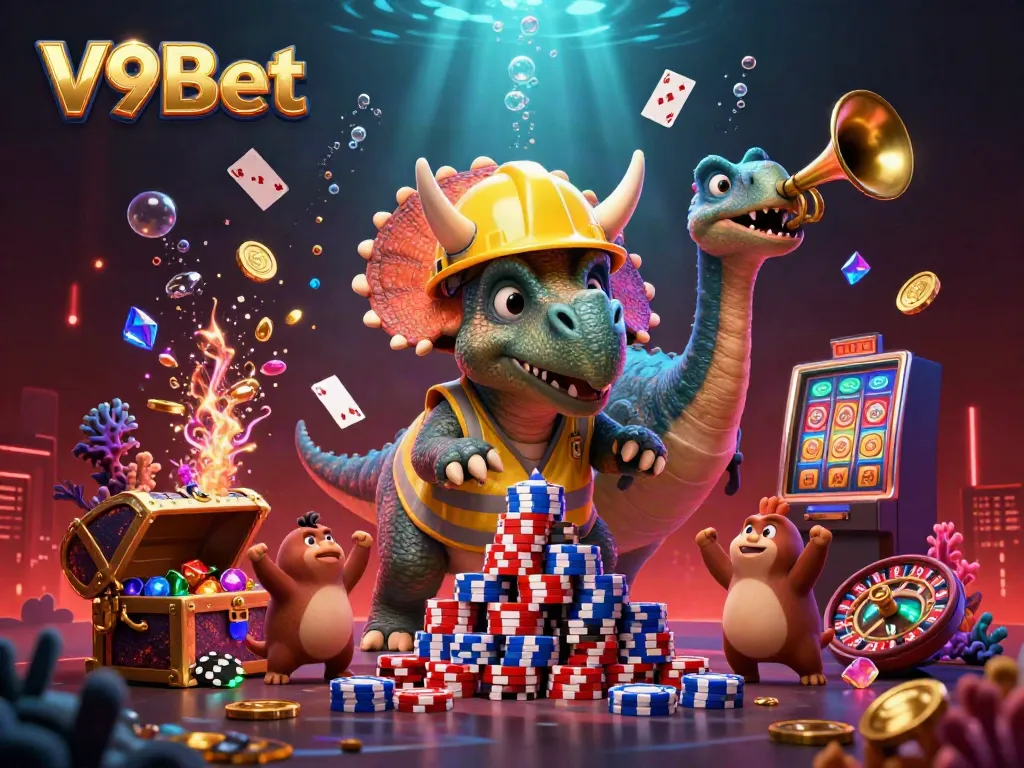 Experience the vibrant celebration of V9Bet with cartoon dinosaurs building poker chips, surrounded by confetti and gaming elements.