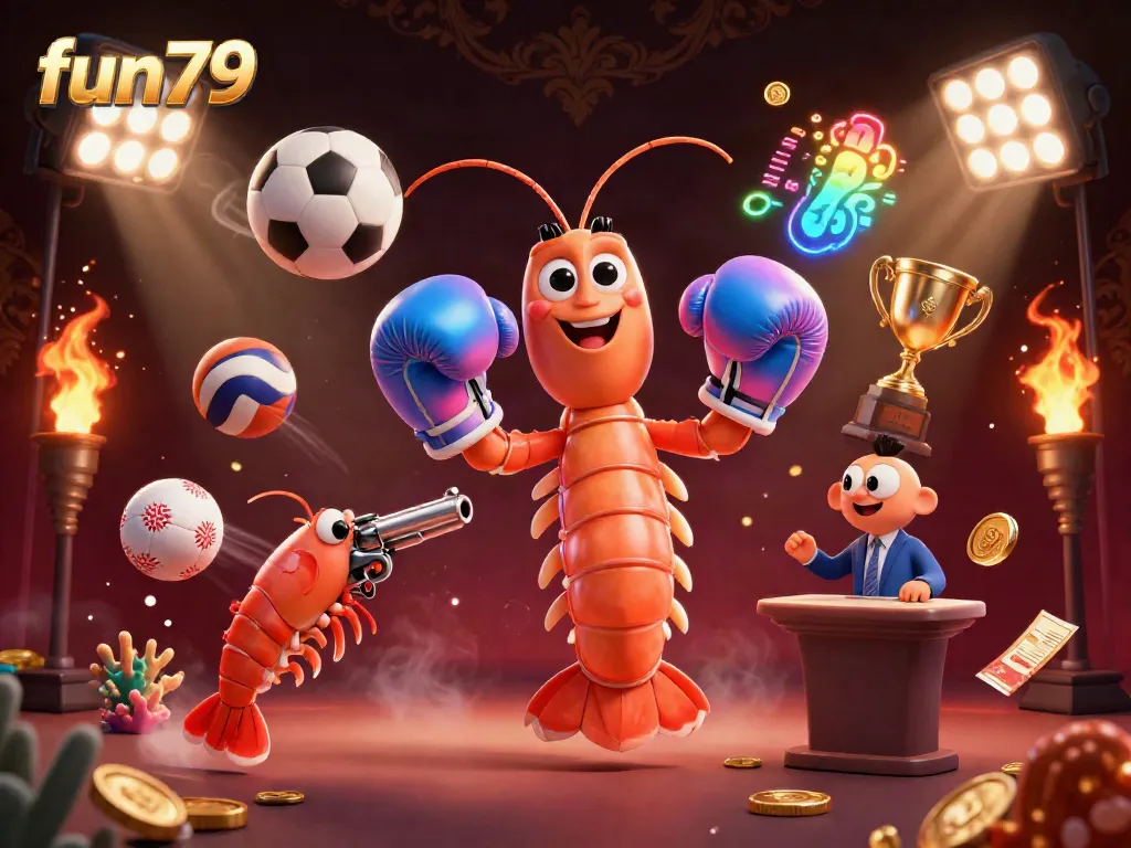 Engage with fun79's thrilling atmosphere as a 3D mantis shrimp and friends showcase dynamic sports elements.