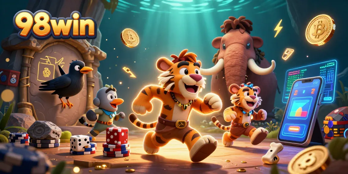 Experience thrilling games at 98win with a vibrant casino scene featuring unique characters.