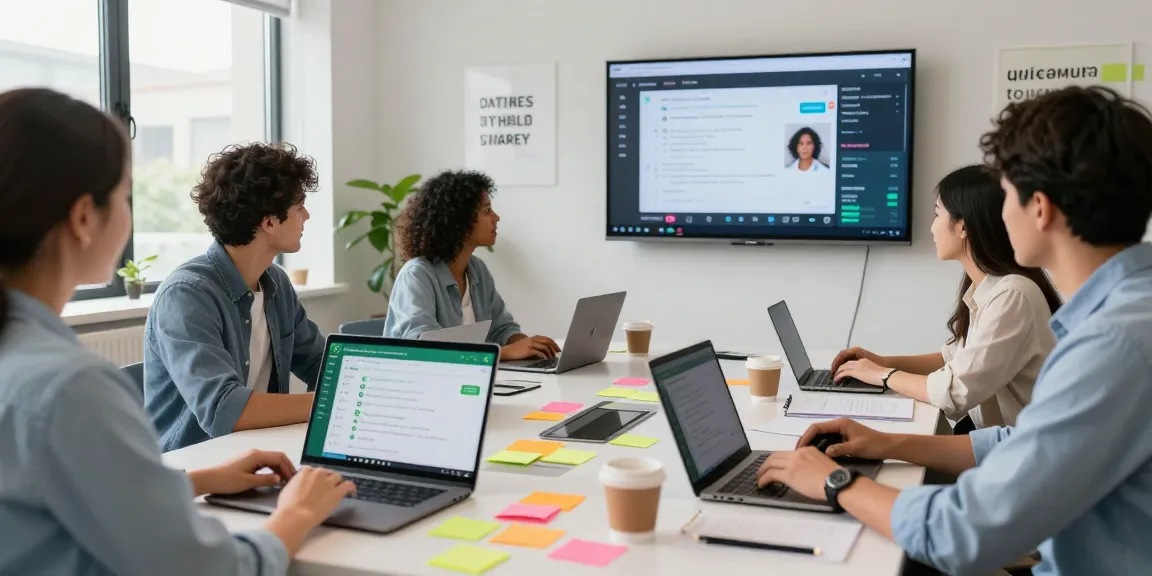 Team collaborating using WhatsApp網頁版 in a modern office workspace, showcasing technology and communication.