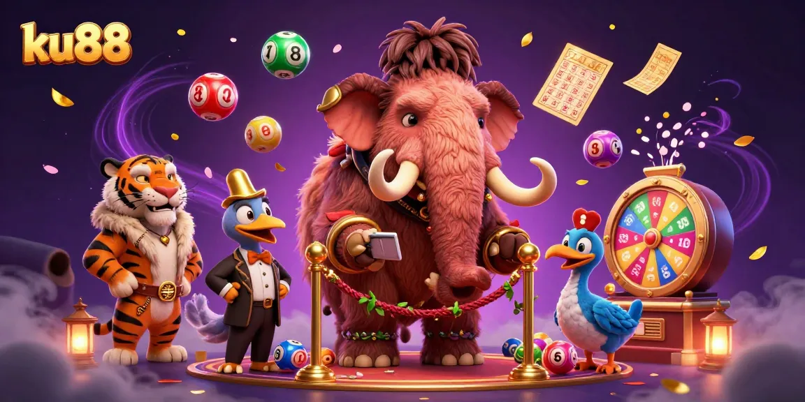 ku88 brings a vibrant casino scene to life with a woolly mammoth bouncer, saber-tooth tiger, and dodo doorman