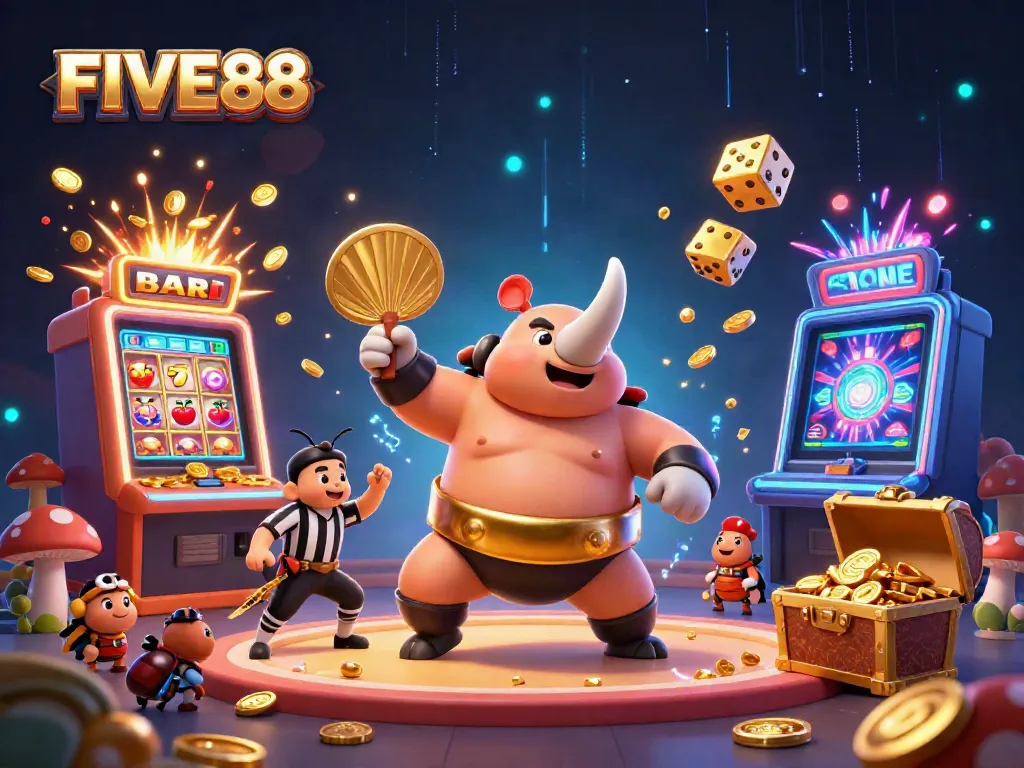 FIVE88 game scene capturing a rhinoceros beetle champion celebrating a jackpot with gold coins, lucky symbols, and a vibrant atmosphere.