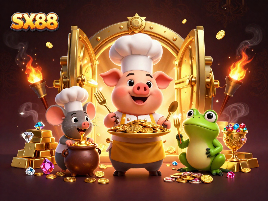 Engage with SX88's exciting casino scene featuring rich gold elements and charming characters