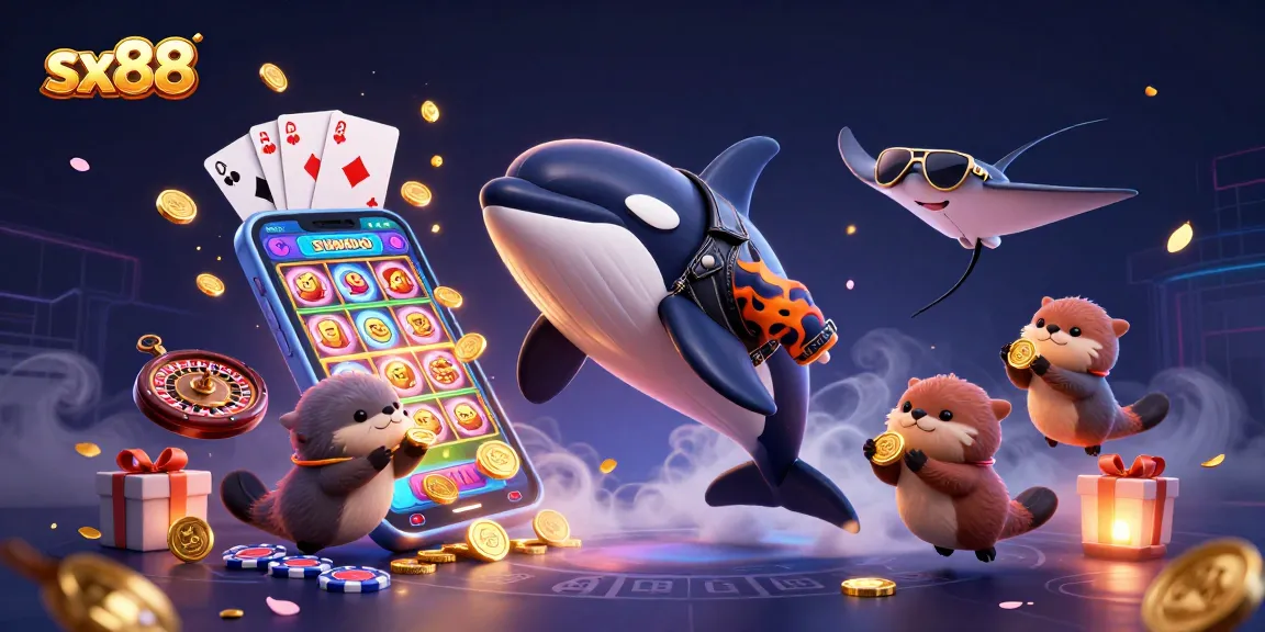 Experience thrilling gaming at sx88 with a vibrant scene featuring friendly characters celebrating with golden coins and exciting slot games.