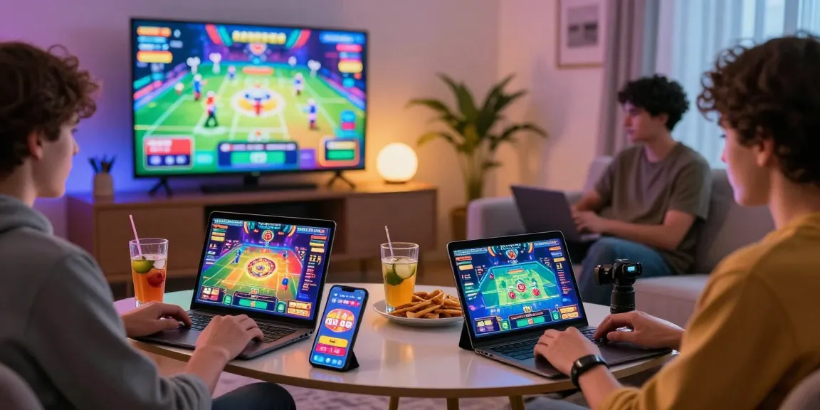 Toto online gambling scene dengan pemain menggunakan perangkat digital di ruang tamu.