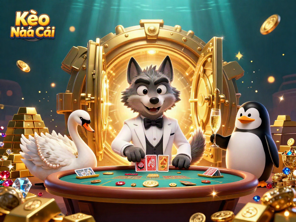 Engage in Kèo Nhà Cái action with the debonair wolf, elegant swan, and sophisticated penguin amidst a treasure-filled casino scene.