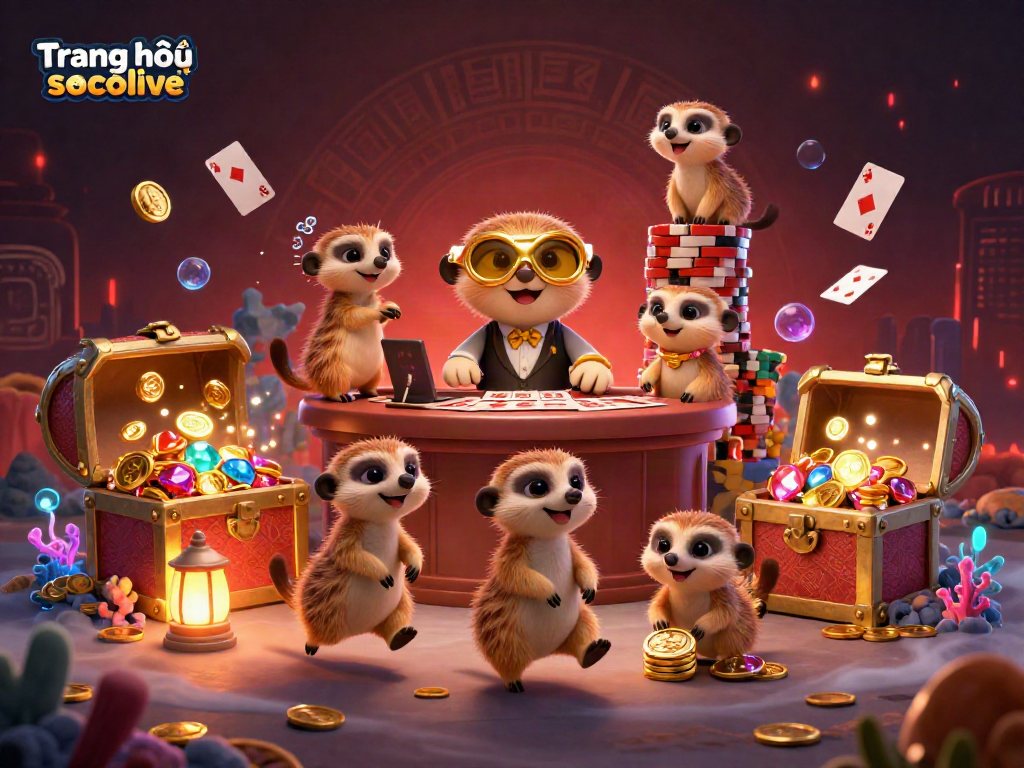 Engage in thrilling action at Trang chủ socolive with a vibrant scene of meerkats managing a fun casino operation.