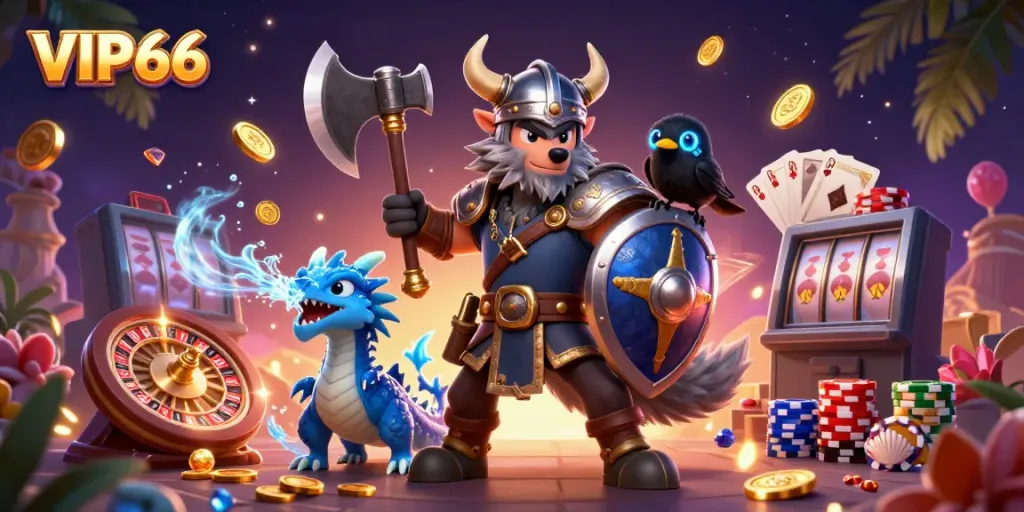 Experience thrilling games with VIP66 featuring vibrant characters and casino action in an engaging scene.