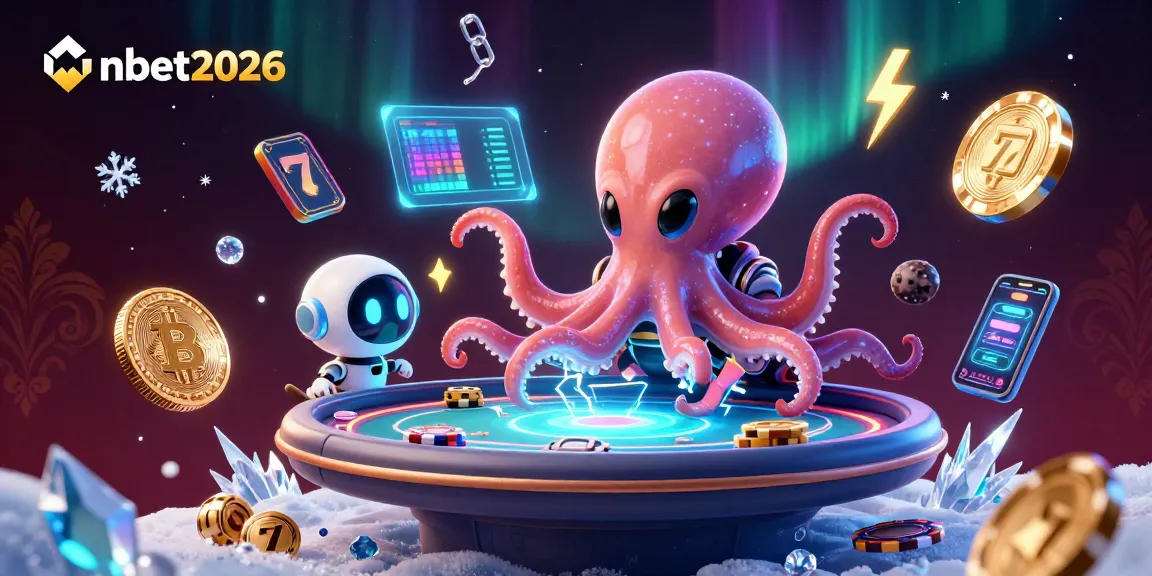 nbet2026 showcases a vibrant scene with a cosmic alien octopus playing poker, surrounded by cryptocurrency coins.