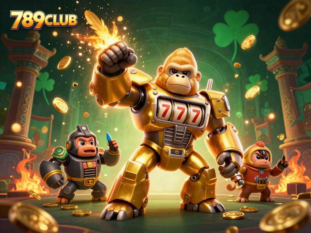 Explore thrilling wins at 789CLUB with an epic golden gorilla mech illustrating the excitement of gaming.