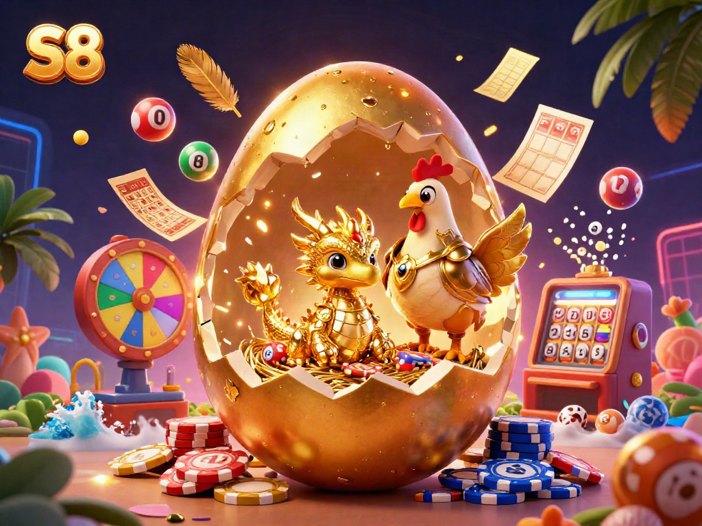 S8 online casino features a dynamic scene with a golden dragon, poker chips, and vibrant lottery elements