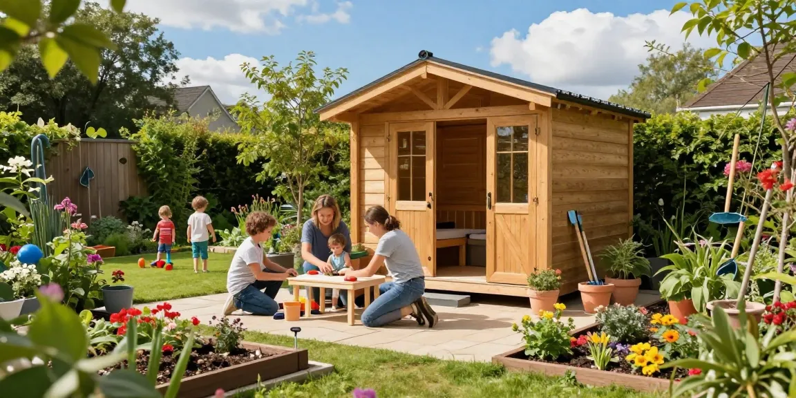 Neues Gartenhaus im Grünen mit einer Familie, die Gartenmöbel zusammenstellt.