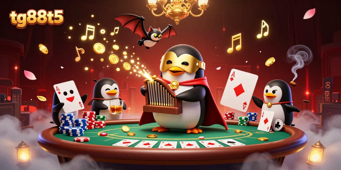 Experience thrilling gaming at tg88t5 with a vivid scene of a phantom penguin amidst golden coins and poker excitement.
