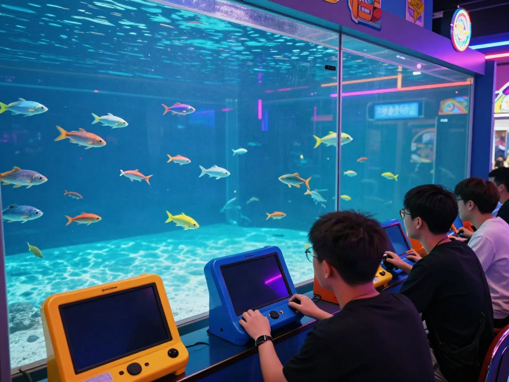 Engaging scene of players enjoying lại là Bắn cá đổi thưởng at a vibrant gaming lounge, immersed in a colorful underwater world.