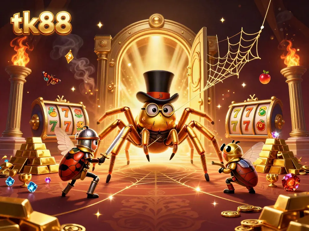 Engage with tk88's thrilling casino adventure featuring a golden tarantula and knight amidst riches.