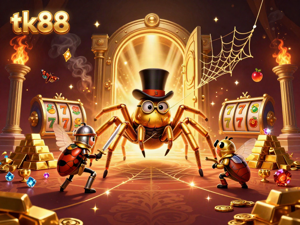 Engage with tk88's thrilling casino adventure featuring a golden tarantula and knight amidst riches.