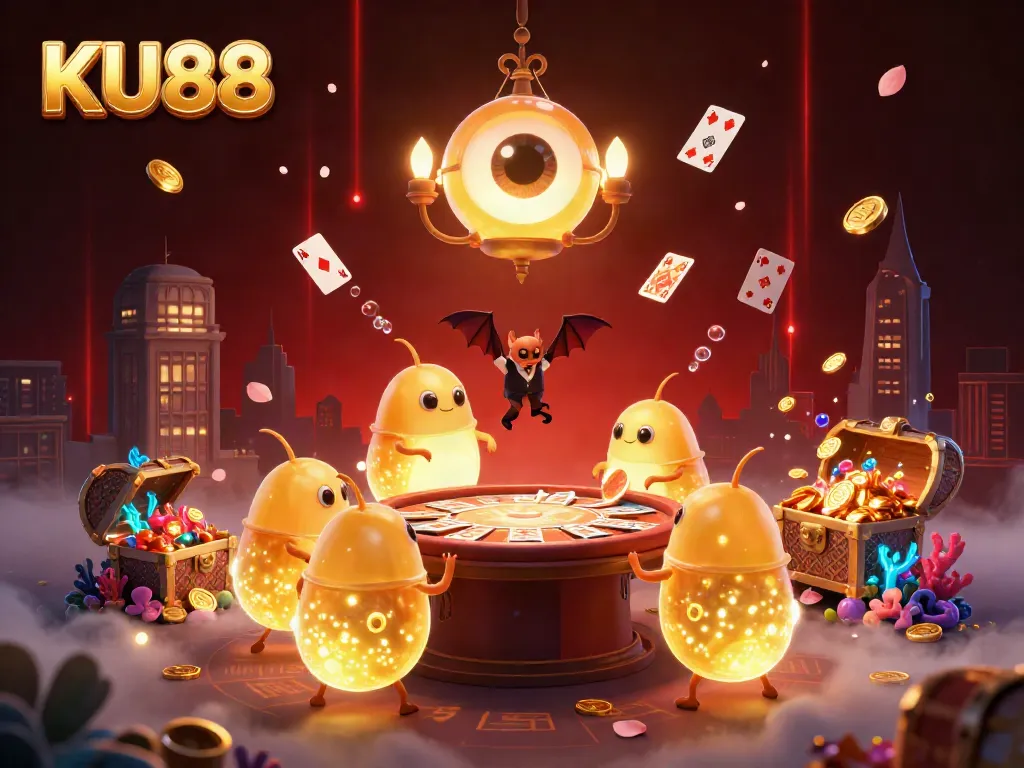 Engage in spirited gameplay at KU88, illuminated by glowing glowworms and vibrant casino elements.
