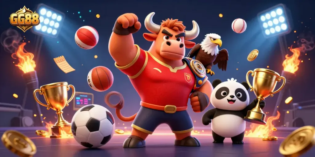 Experience the action of GG88 with a dynamic casino scene featuring engaging characters and gambling elements.