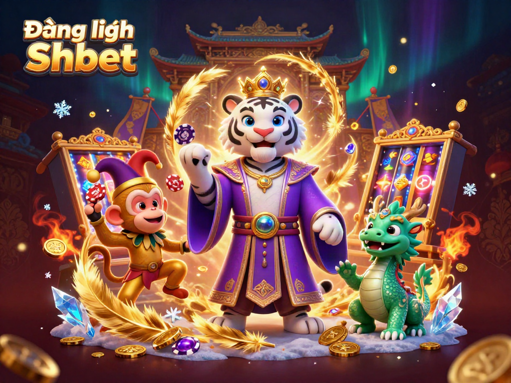 Engage in Đăng nhập Shbet, featuring a dazzling scene of a white tiger, golden monkey, and jade dragon in an animated casino setting.