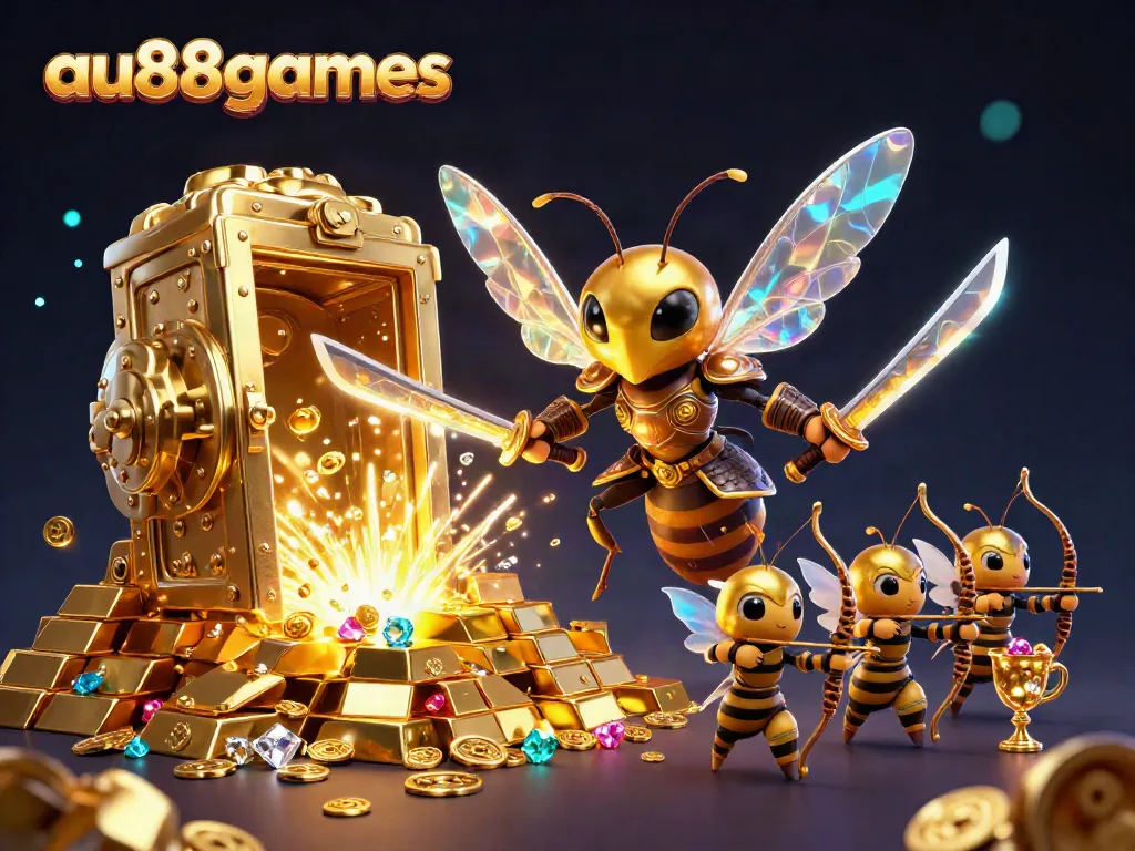 Experience the excitement of au88games with a vibrant 3D illustration showcasing a golden hornet and treasure elements.