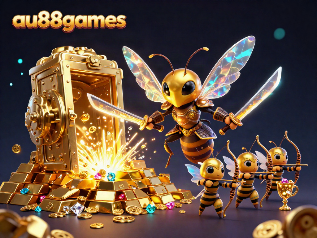 Experience the excitement of au88games with a vibrant 3D illustration showcasing a golden hornet and treasure elements.