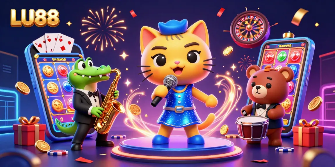 Experience the thrill of LU88 with a jazzy cat and vibrant casino backdrop bursting with games and prizes.
